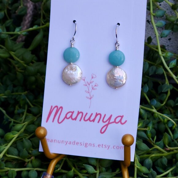 Coin Pearl Cuties - Semi-Precious Amazonite & Coin Pearl Earrings - Picture 2 of 6